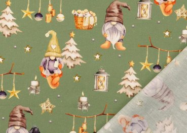 Elves and Laterns green christmas fabric cotton poplin